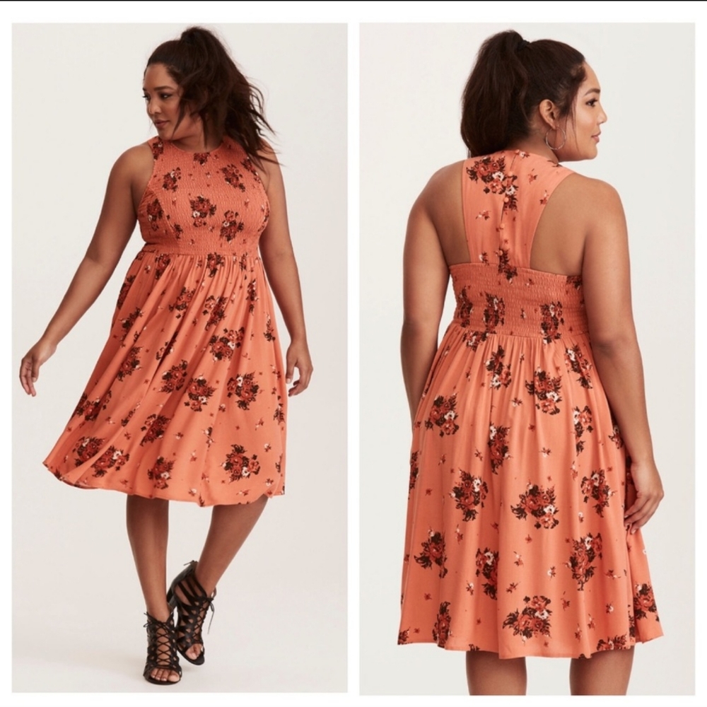 Multi-colored Floral Smock Challis Midi Dress